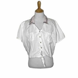 Rhythm Blue Western Embroidered Button Front White Crop Tie  Cowgirl Rodeo Sz L